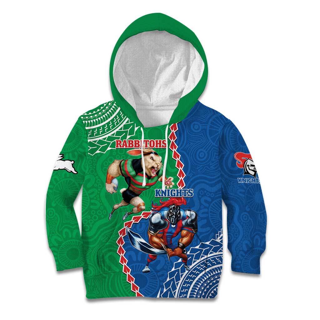 Personalised Rabbitohs And Knights Rugby Kid Hoodie Aboriginal Mix Polynesian Pattern