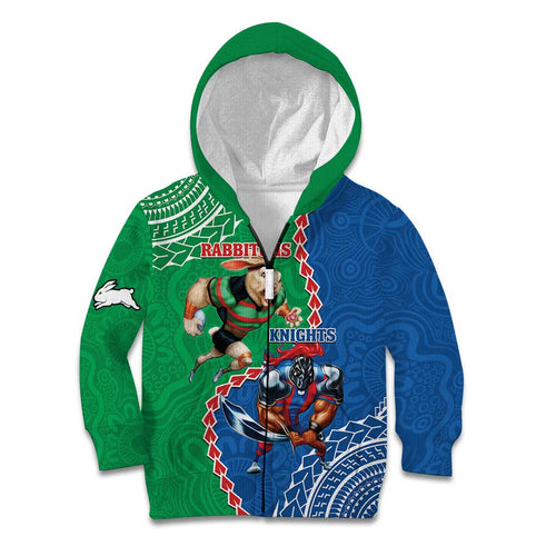Personalised Rabbitohs And Knights Rugby Kid Hoodie Aboriginal Mix Polynesian Pattern