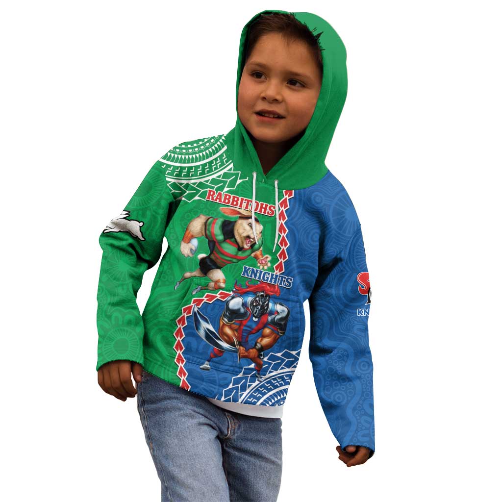 Personalised Rabbitohs And Knights Rugby Kid Hoodie Aboriginal Mix Polynesian Pattern