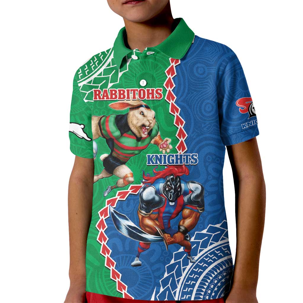Personalised Rabbitohs And Knights Rugby Kid Polo Shirt Aboriginal Mix Polynesian Pattern