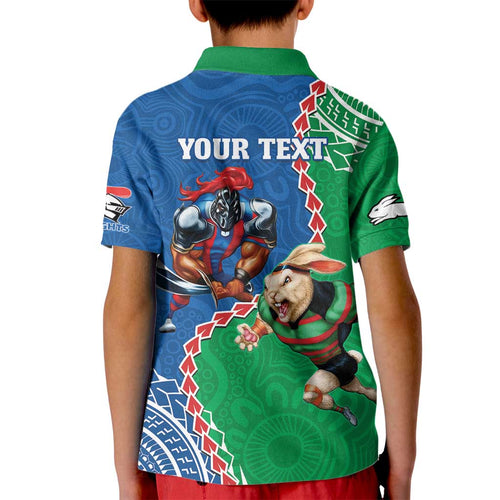 Personalised Rabbitohs And Knights Rugby Kid Polo Shirt Aboriginal Mix Polynesian Pattern