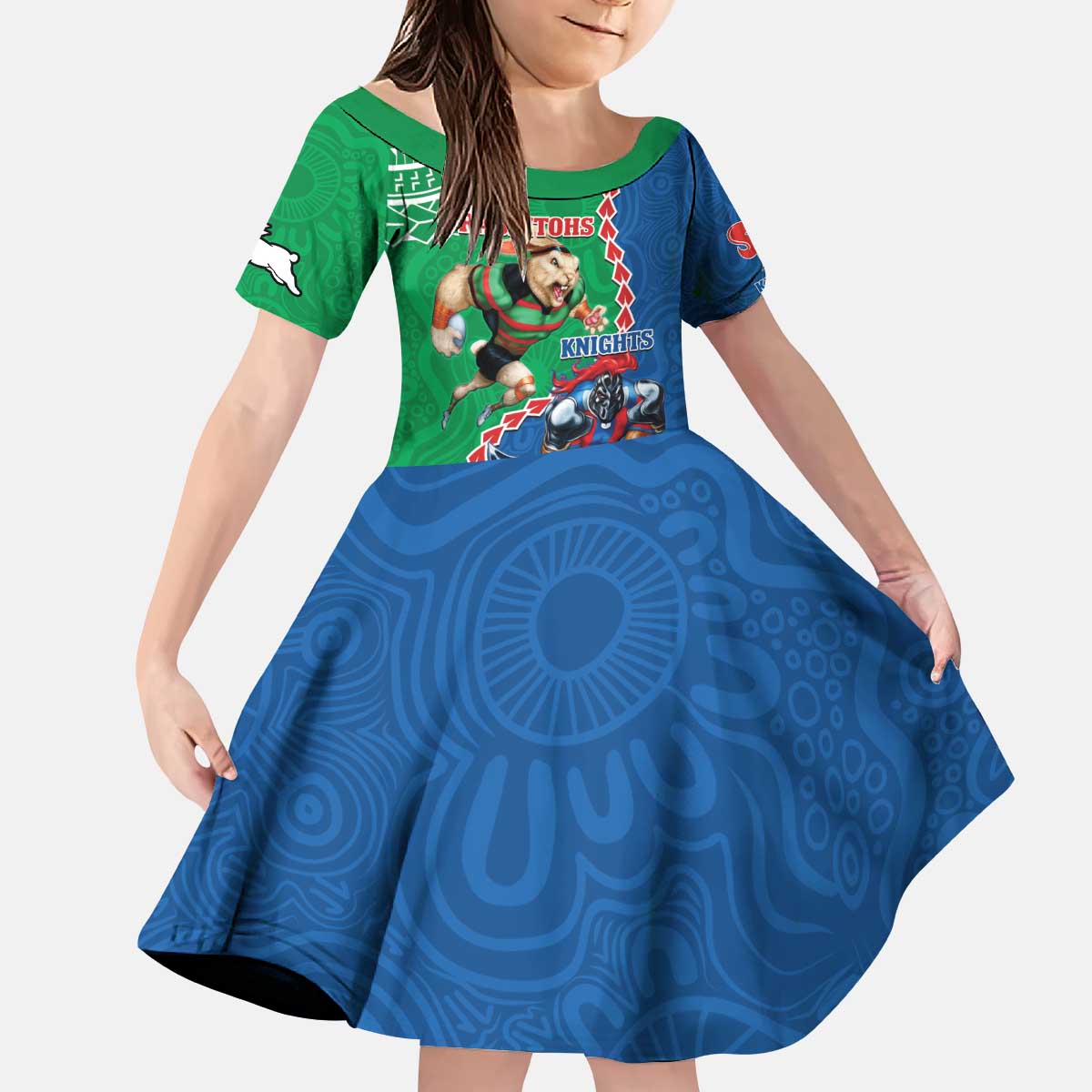Personalised Rabbitohs And Knights Rugby Kid Short Sleeve Dress Aboriginal Mix Polynesian Pattern