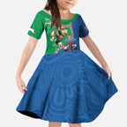 Personalised Rabbitohs And Knights Rugby Kid Short Sleeve Dress Aboriginal Mix Polynesian Pattern