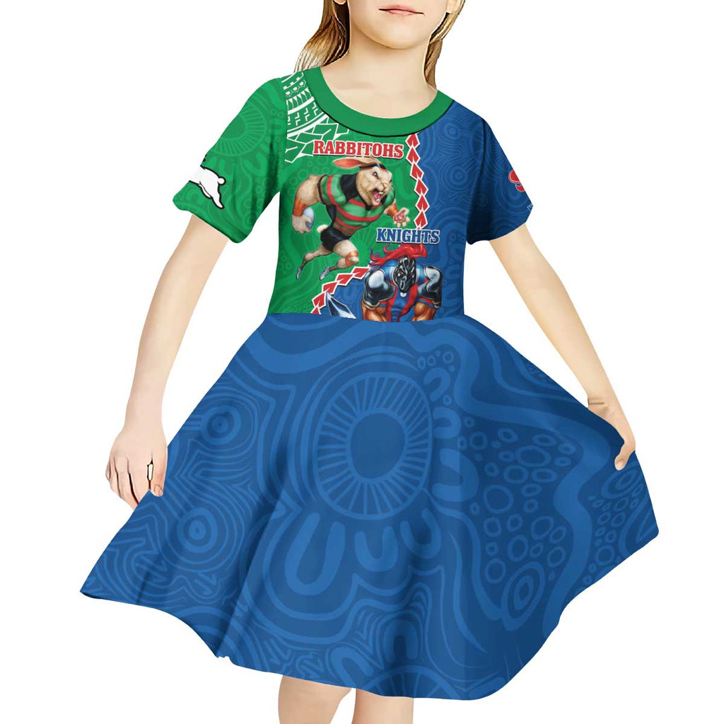 Personalised Rabbitohs And Knights Rugby Kid Short Sleeve Dress Aboriginal Mix Polynesian Pattern