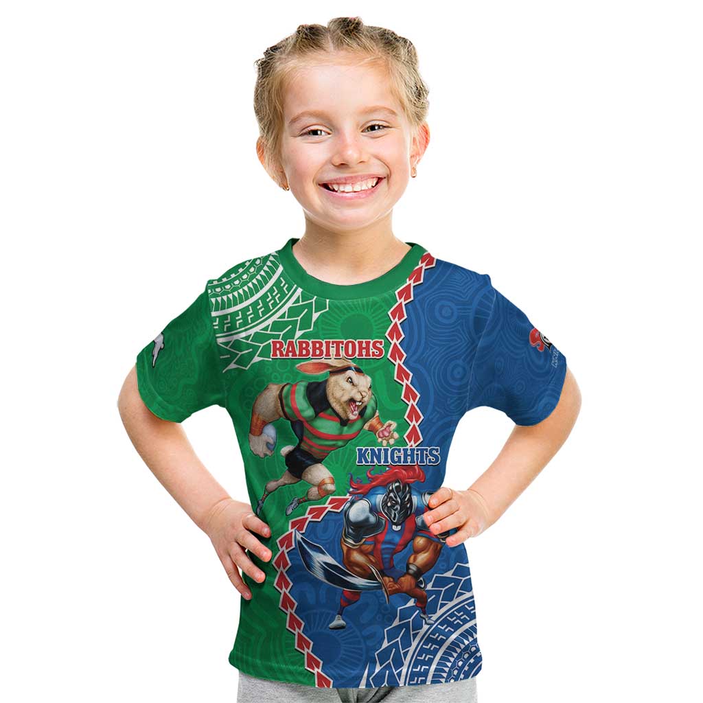Personalised Rabbitohs And Knights Rugby Kid T Shirt Aboriginal Mix Polynesian Pattern