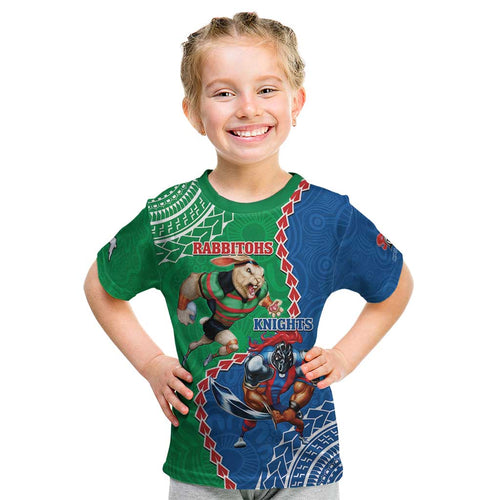 Personalised Rabbitohs And Knights Rugby Kid T Shirt Aboriginal Mix Polynesian Pattern