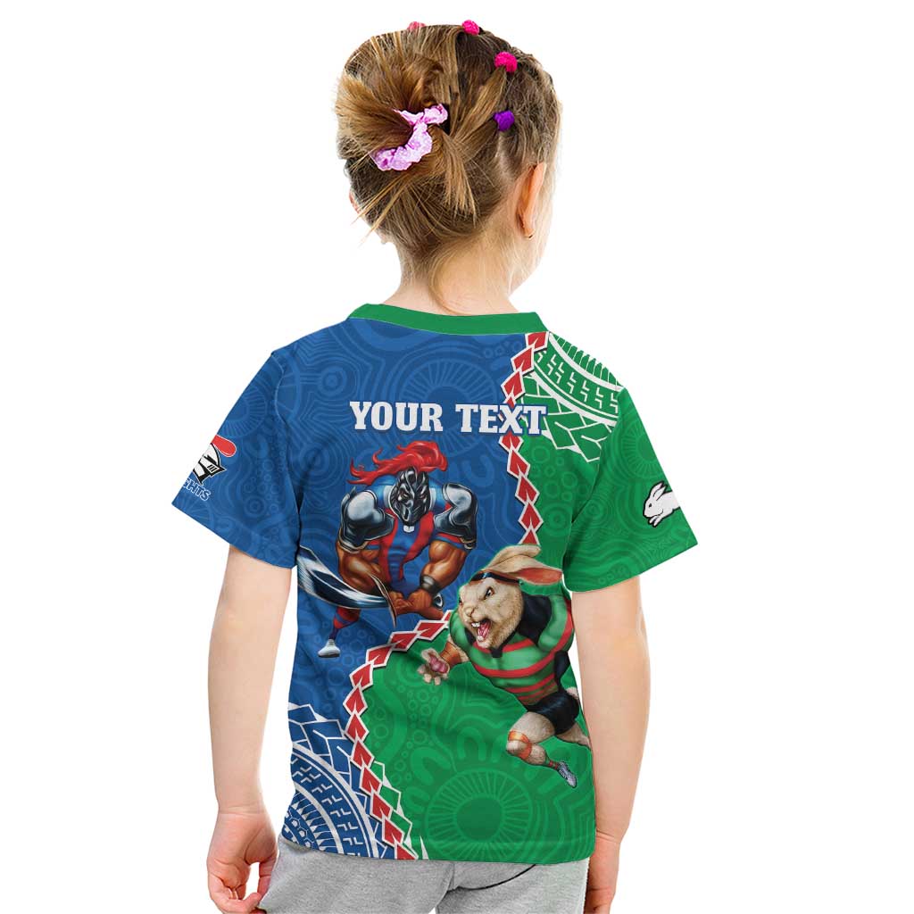 Personalised Rabbitohs And Knights Rugby Kid T Shirt Aboriginal Mix Polynesian Pattern