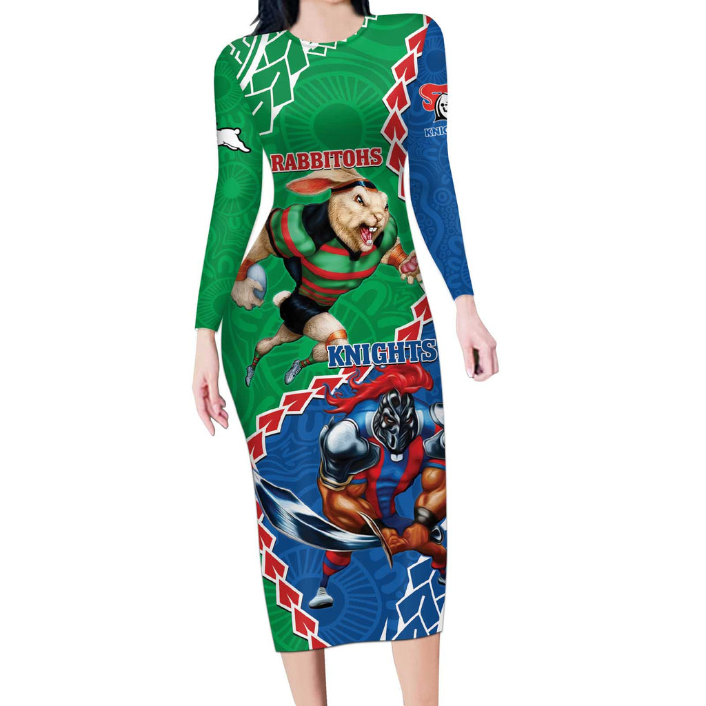 Personalised Rabbitohs And Knights Rugby Long Sleeve Bodycon Dress Aboriginal Mix Polynesian Pattern