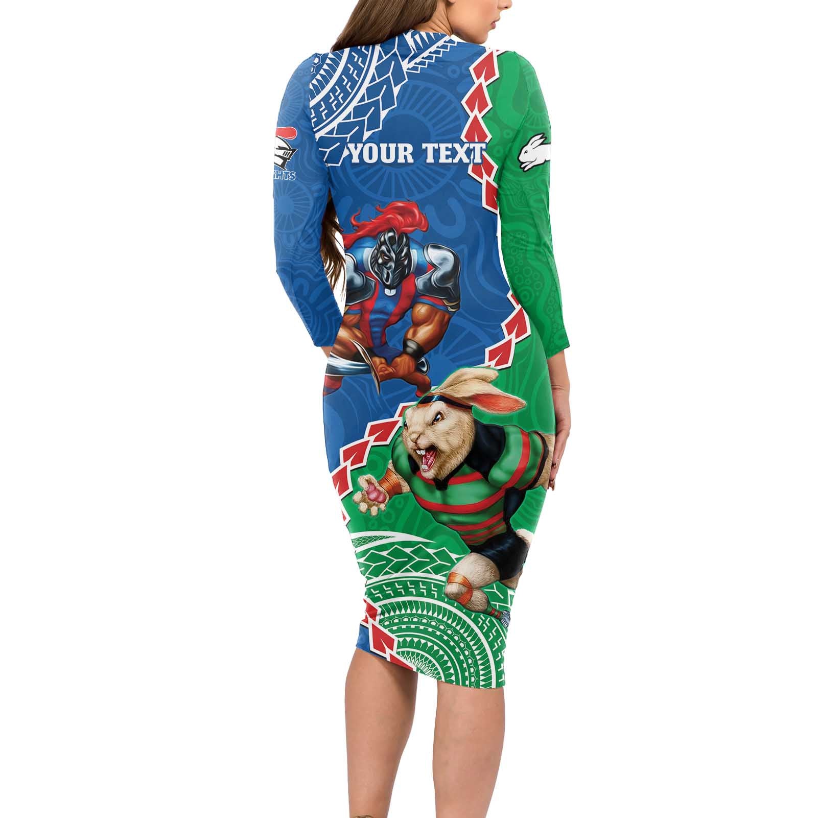 Personalised Rabbitohs And Knights Rugby Long Sleeve Bodycon Dress Aboriginal Mix Polynesian Pattern