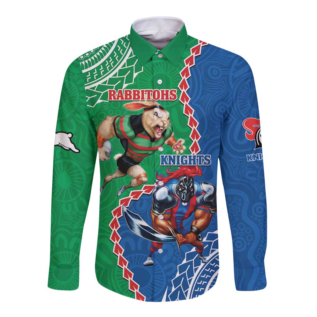 Personalised Rabbitohs And Knights Rugby Long Sleeve Button Shirt Aboriginal Mix Polynesian Pattern