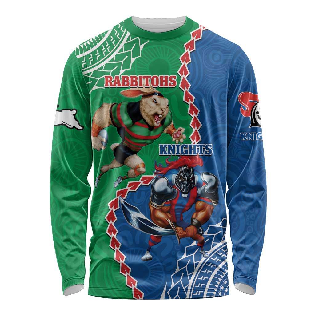 Personalised Rabbitohs And Knights Rugby Long Sleeve Shirt Aboriginal Mix Polynesian Pattern