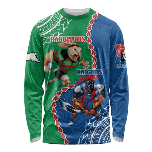 Personalised Rabbitohs And Knights Rugby Long Sleeve Shirt Aboriginal Mix Polynesian Pattern