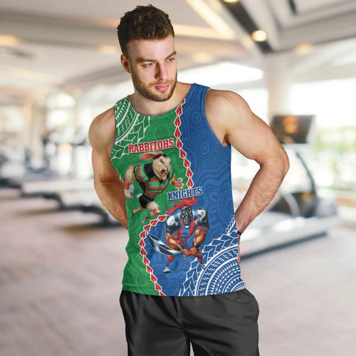 Personalised Rabbitohs And Knights Rugby Men Tank Top Aboriginal Mix Polynesian Pattern