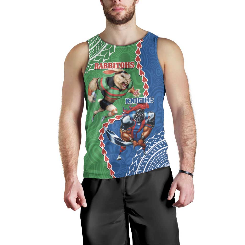 Personalised Rabbitohs And Knights Rugby Men Tank Top Aboriginal Mix Polynesian Pattern