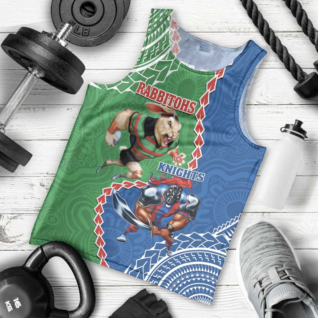 Personalised Rabbitohs And Knights Rugby Men Tank Top Aboriginal Mix Polynesian Pattern