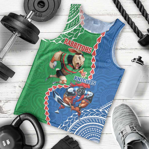 Personalised Rabbitohs And Knights Rugby Men Tank Top Aboriginal Mix Polynesian Pattern