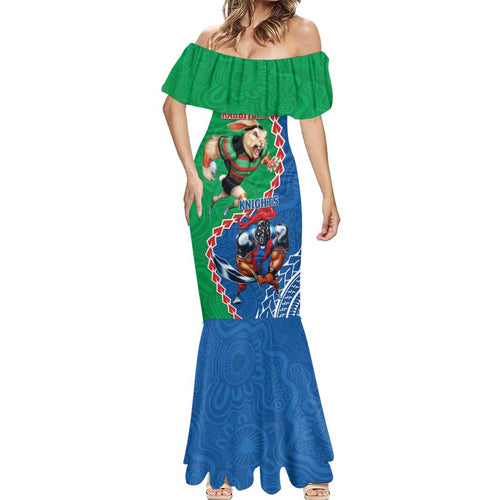 Personalised Rabbitohs And Knights Rugby Mermaid Dress Aboriginal Mix Polynesian Pattern