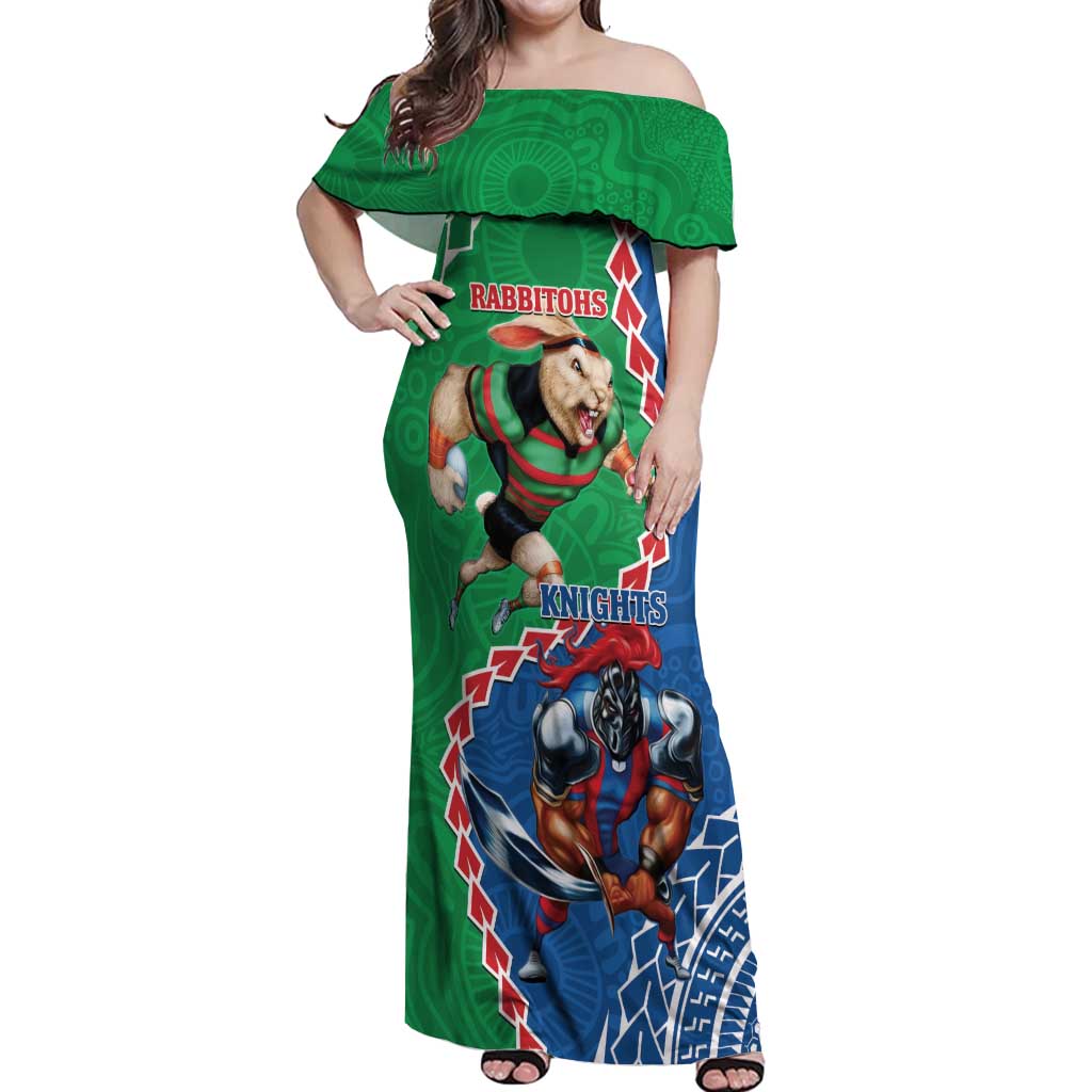 Personalised Rabbitohs And Knights Rugby Off Shoulder Maxi Dress Aboriginal Mix Polynesian Pattern