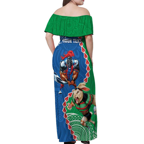 Personalised Rabbitohs And Knights Rugby Off Shoulder Maxi Dress Aboriginal Mix Polynesian Pattern