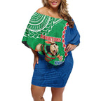 Personalised Rabbitohs And Knights Rugby Off Shoulder Short Dress Aboriginal Mix Polynesian Pattern
