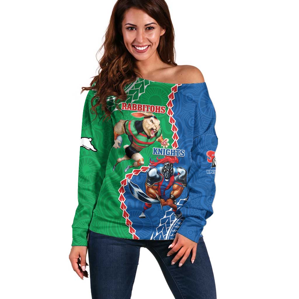 Personalised Rabbitohs And Knights Rugby Off Shoulder Sweater Aboriginal Mix Polynesian Pattern