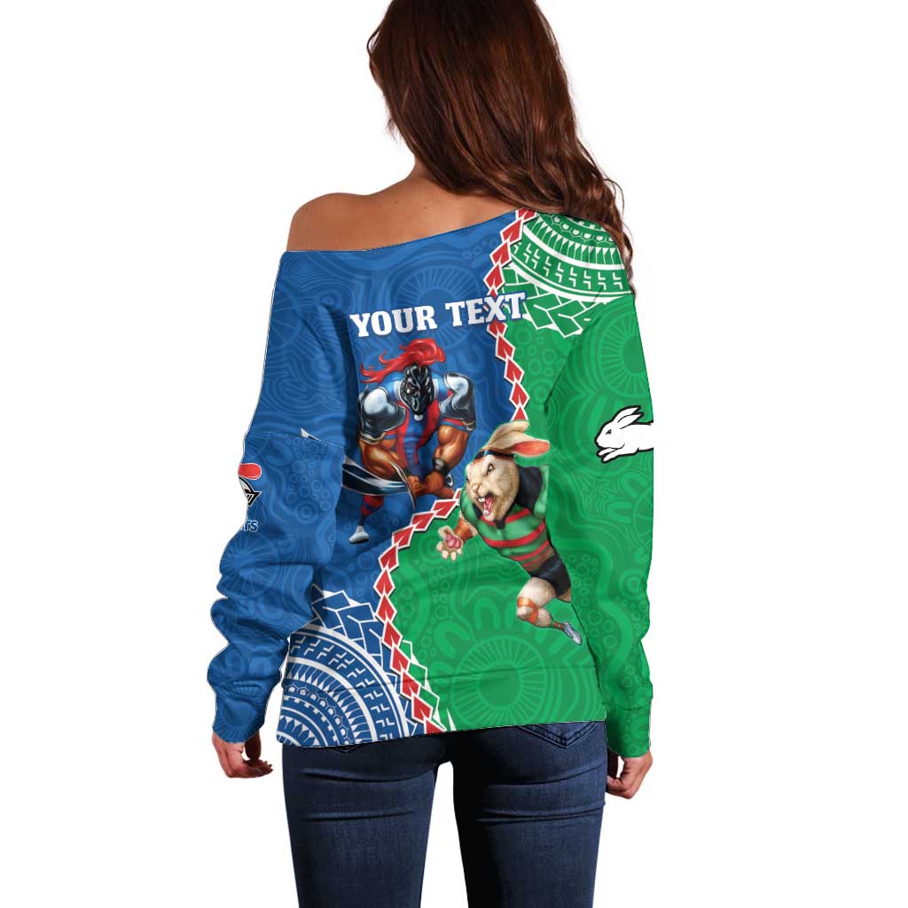 Personalised Rabbitohs And Knights Rugby Off Shoulder Sweater Aboriginal Mix Polynesian Pattern