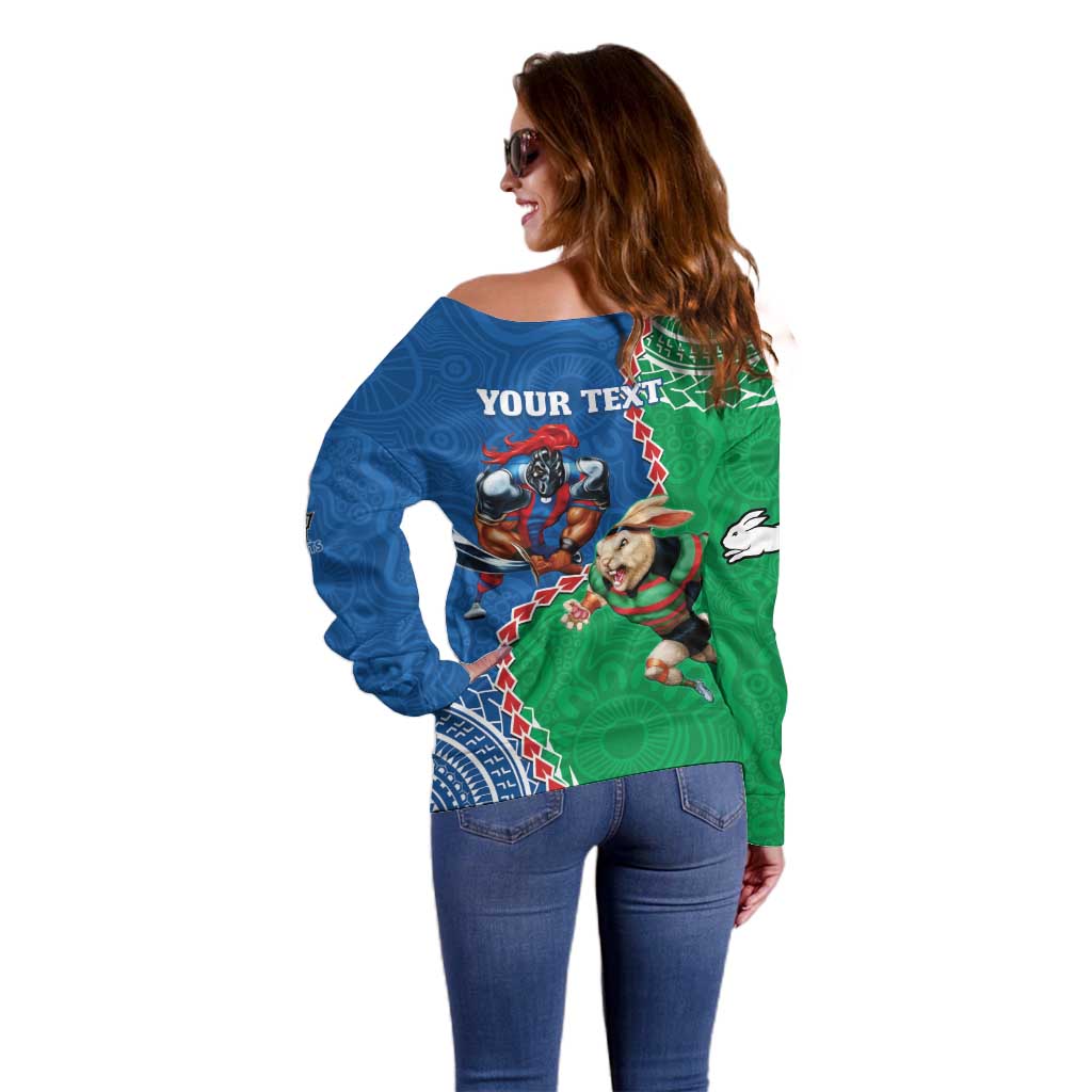 Personalised Rabbitohs And Knights Rugby Off Shoulder Sweater Aboriginal Mix Polynesian Pattern
