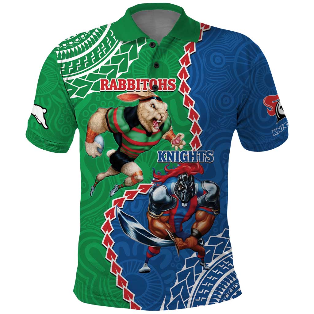 Personalised Rabbitohs And Knights Rugby Polo Shirt Aboriginal Mix Polynesian Pattern