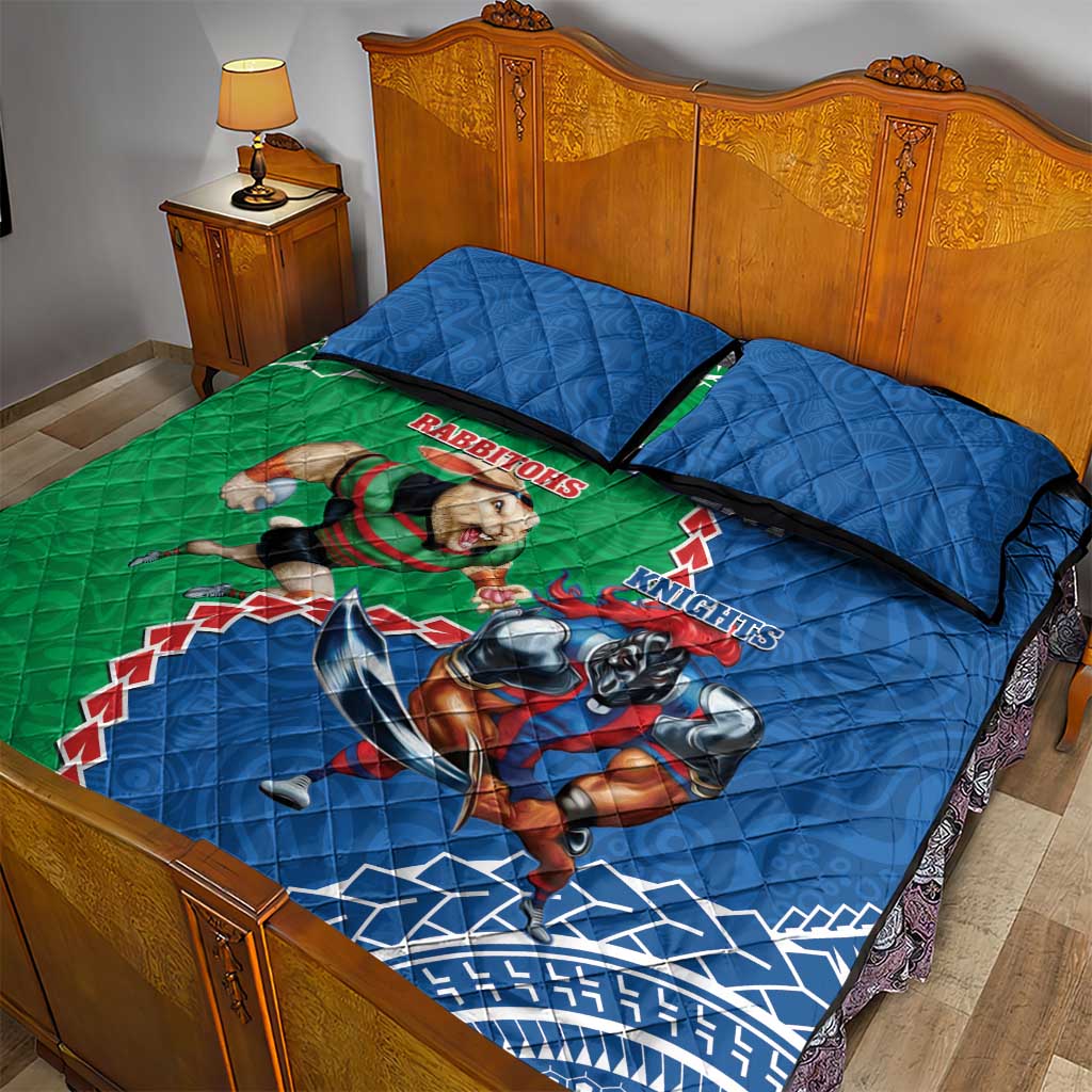 Personalised Rabbitohs And Knights Rugby Quilt Bed Set Aboriginal Mix Polynesian Pattern