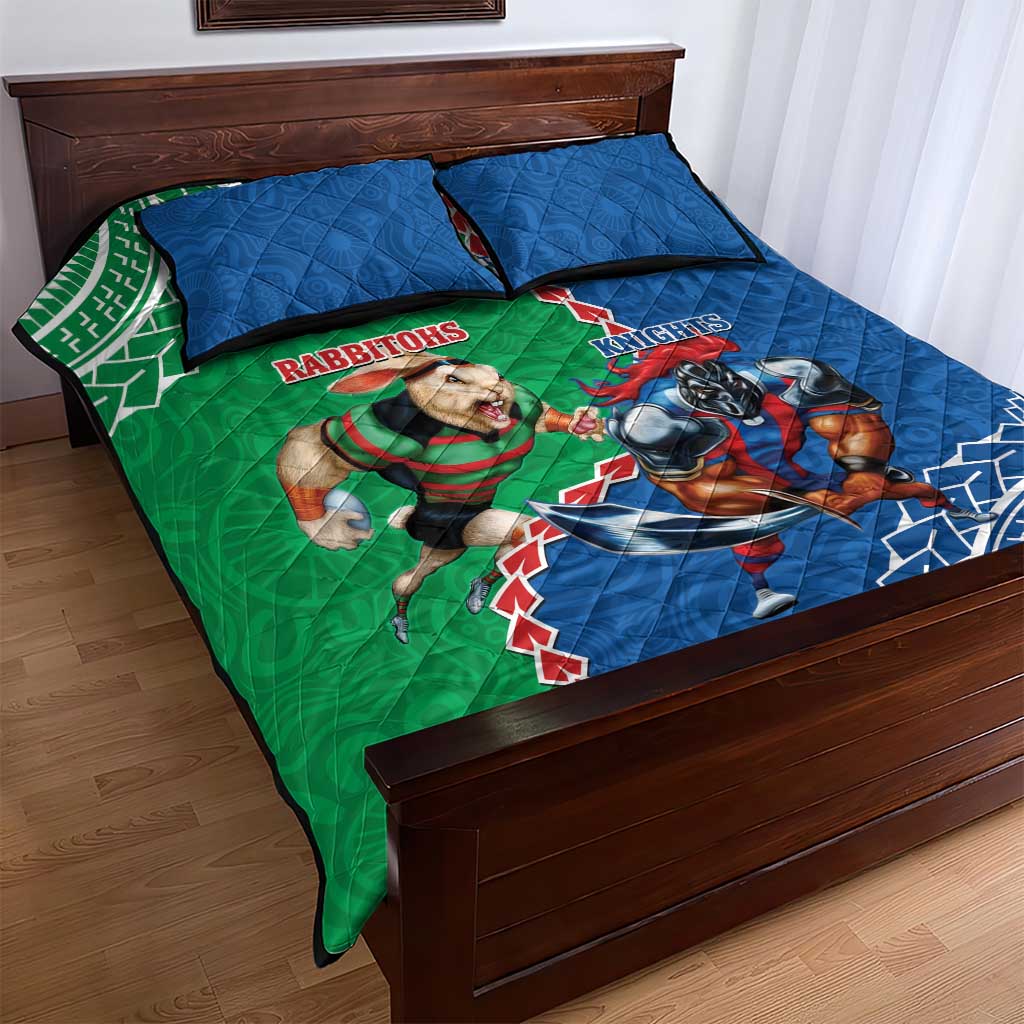 Personalised Rabbitohs And Knights Rugby Quilt Bed Set Aboriginal Mix Polynesian Pattern