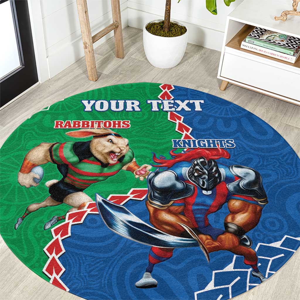 Personalised Rabbitohs And Knights Rugby Round Carpet Aboriginal Mix Polynesian Pattern