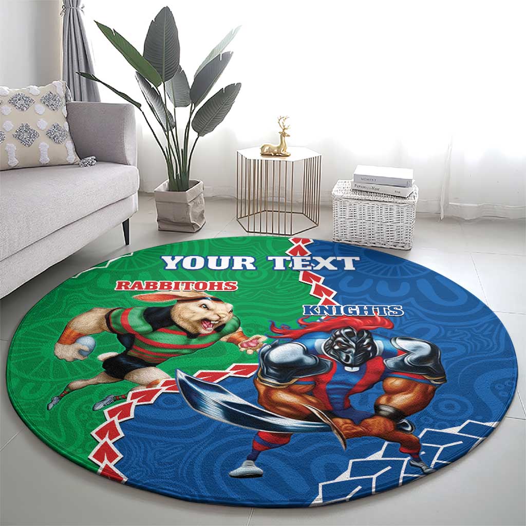 Personalised Rabbitohs And Knights Rugby Round Carpet Aboriginal Mix Polynesian Pattern
