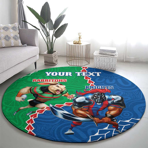 Personalised Rabbitohs And Knights Rugby Round Carpet Aboriginal Mix Polynesian Pattern