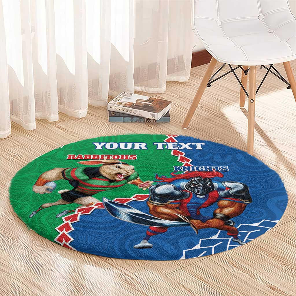 Personalised Rabbitohs And Knights Rugby Round Carpet Aboriginal Mix Polynesian Pattern