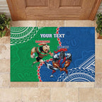 Personalised Rabbitohs And Knights Rugby Rubber Doormat Aboriginal Mix Polynesian Pattern