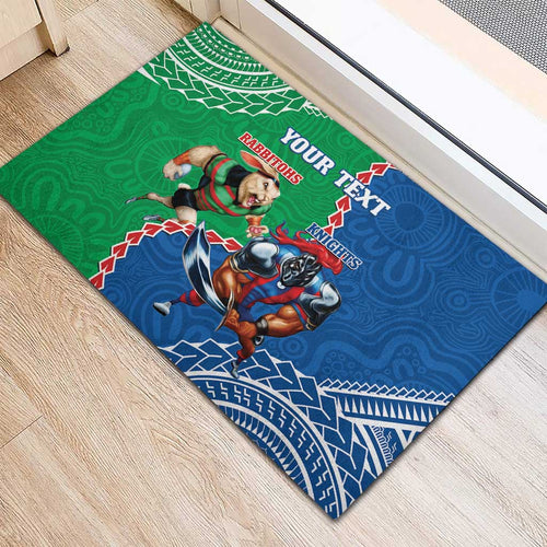 Personalised Rabbitohs And Knights Rugby Rubber Doormat Aboriginal Mix Polynesian Pattern