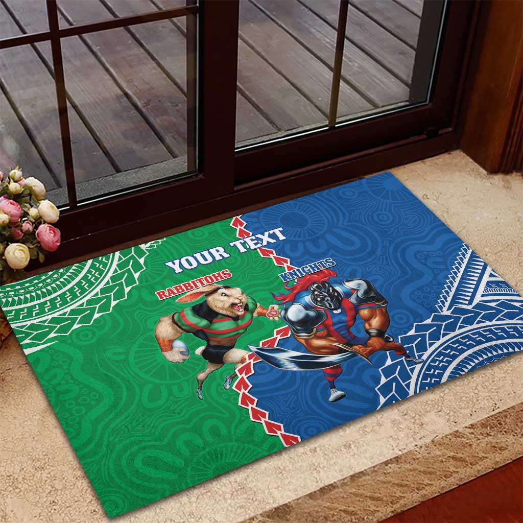 Personalised Rabbitohs And Knights Rugby Rubber Doormat Aboriginal Mix Polynesian Pattern