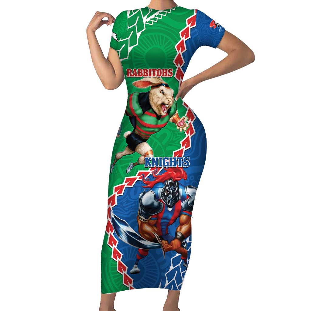 Personalised Rabbitohs And Knights Rugby Short Sleeve Bodycon Dress Aboriginal Mix Polynesian Pattern