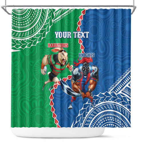 Personalised Rabbitohs And Knights Rugby Shower Curtain Aboriginal Mix Polynesian Pattern