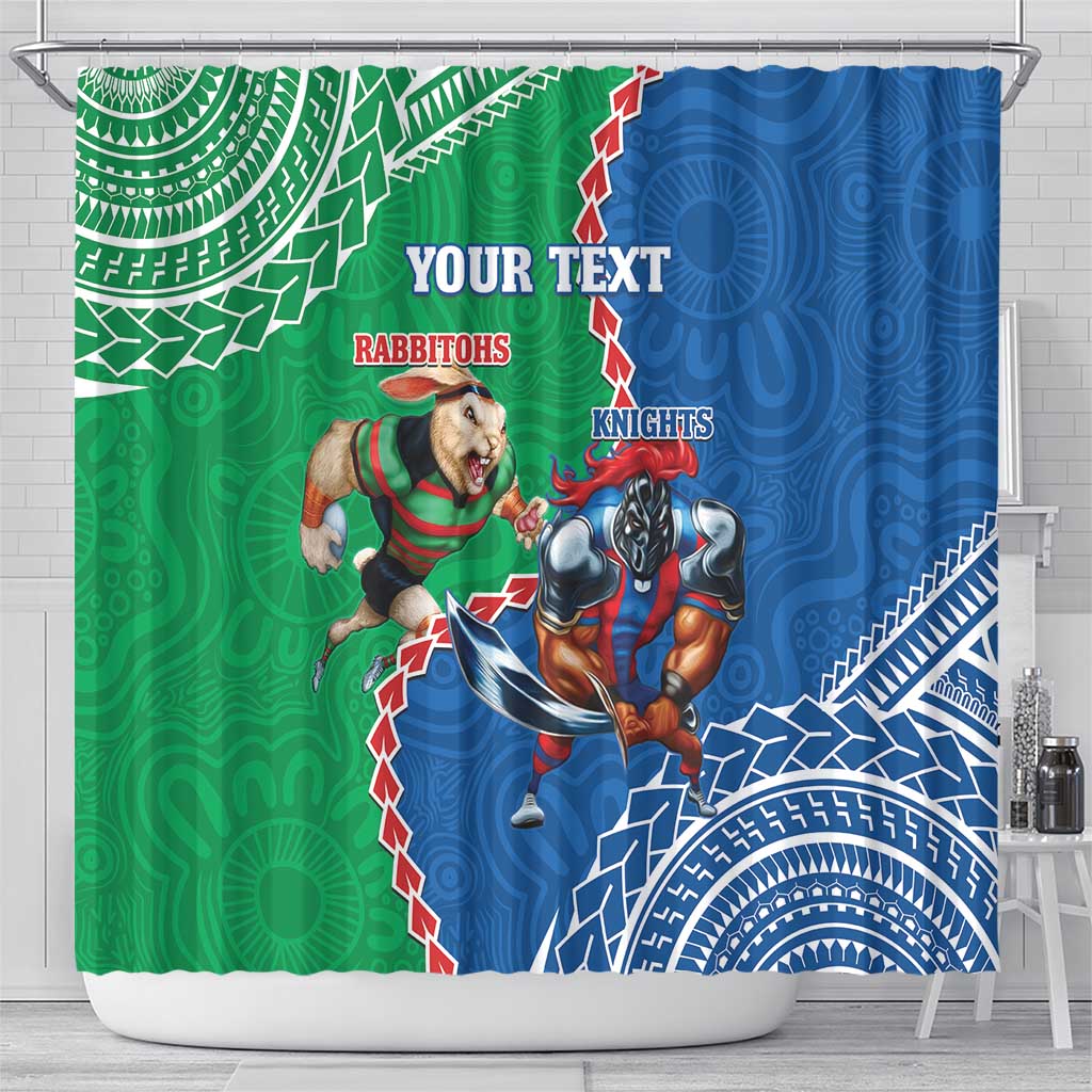 Personalised Rabbitohs And Knights Rugby Shower Curtain Aboriginal Mix Polynesian Pattern