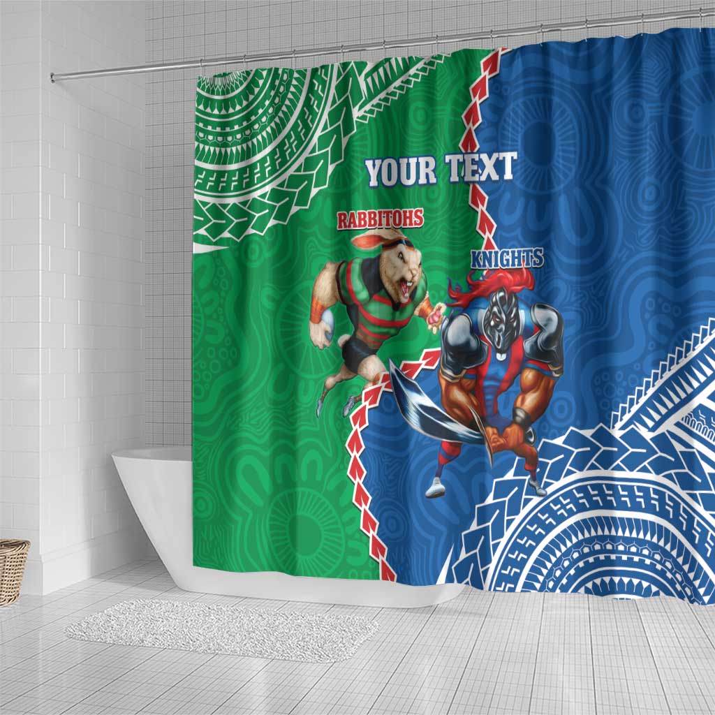 Personalised Rabbitohs And Knights Rugby Shower Curtain Aboriginal Mix Polynesian Pattern