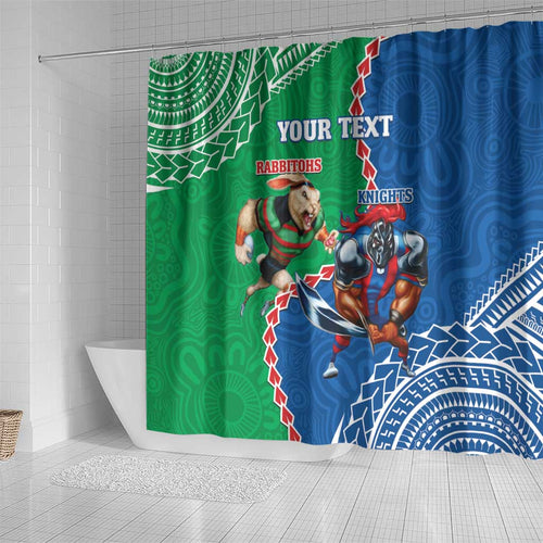 Personalised Rabbitohs And Knights Rugby Shower Curtain Aboriginal Mix Polynesian Pattern
