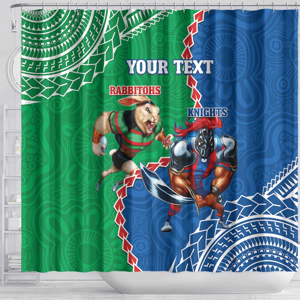 Personalised Rabbitohs And Knights Rugby Shower Curtain Aboriginal Mix Polynesian Pattern