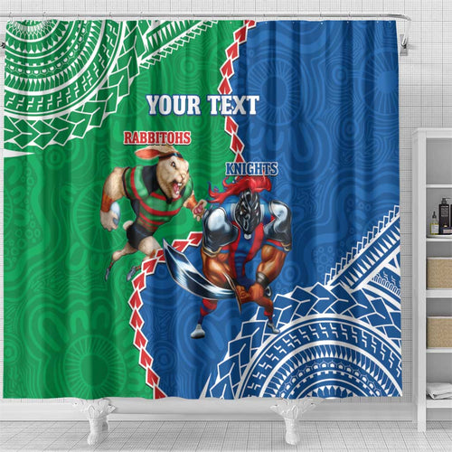 Personalised Rabbitohs And Knights Rugby Shower Curtain Aboriginal Mix Polynesian Pattern