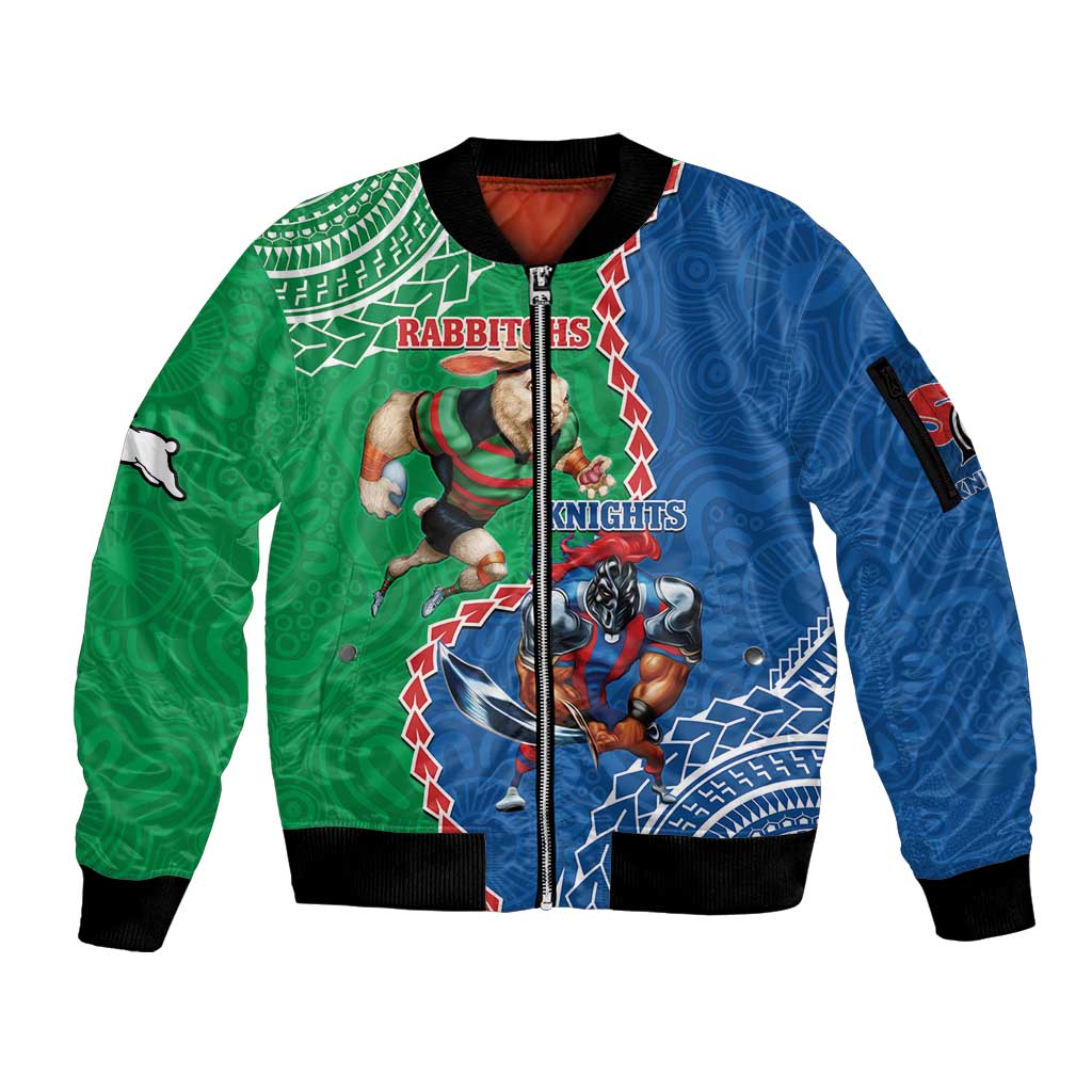 Personalised Rabbitohs And Knights Rugby Sleeve Zip Bomber Jacket Aboriginal Mix Polynesian Pattern
