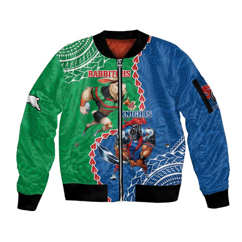 Personalised Rabbitohs And Knights Rugby Sleeve Zip Bomber Jacket Aboriginal Mix Polynesian Pattern