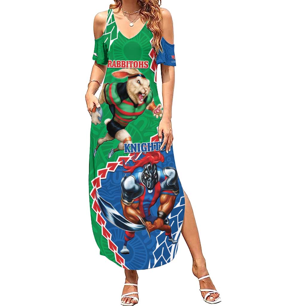 Personalised Rabbitohs And Knights Rugby Summer Maxi Dress Aboriginal Mix Polynesian Pattern