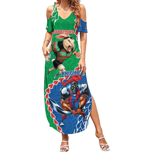 Personalised Rabbitohs And Knights Rugby Summer Maxi Dress Aboriginal Mix Polynesian Pattern