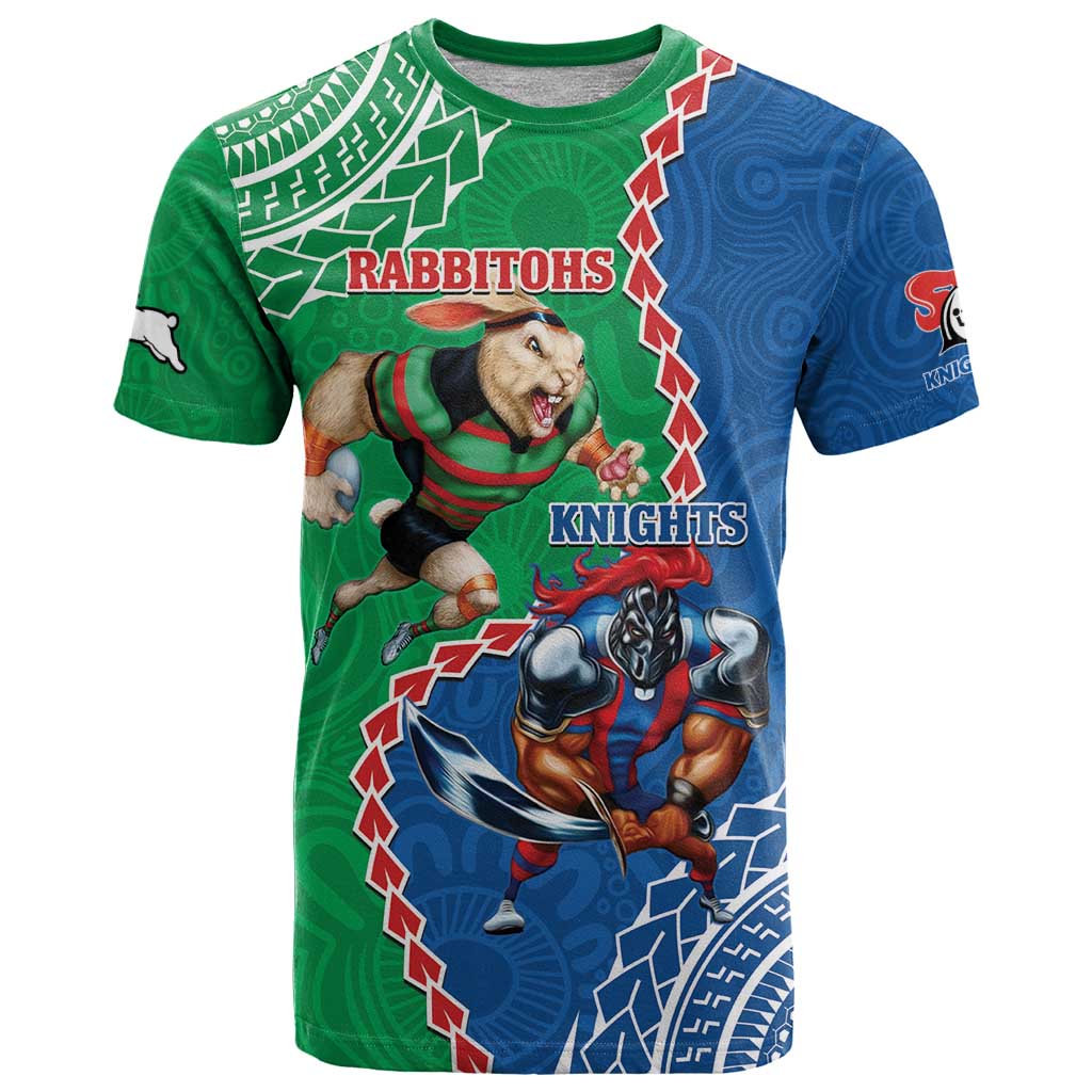 Personalised Rabbitohs And Knights Rugby T Shirt Aboriginal Mix Polynesian Pattern