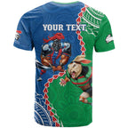 Personalised Rabbitohs And Knights Rugby T Shirt Aboriginal Mix Polynesian Pattern